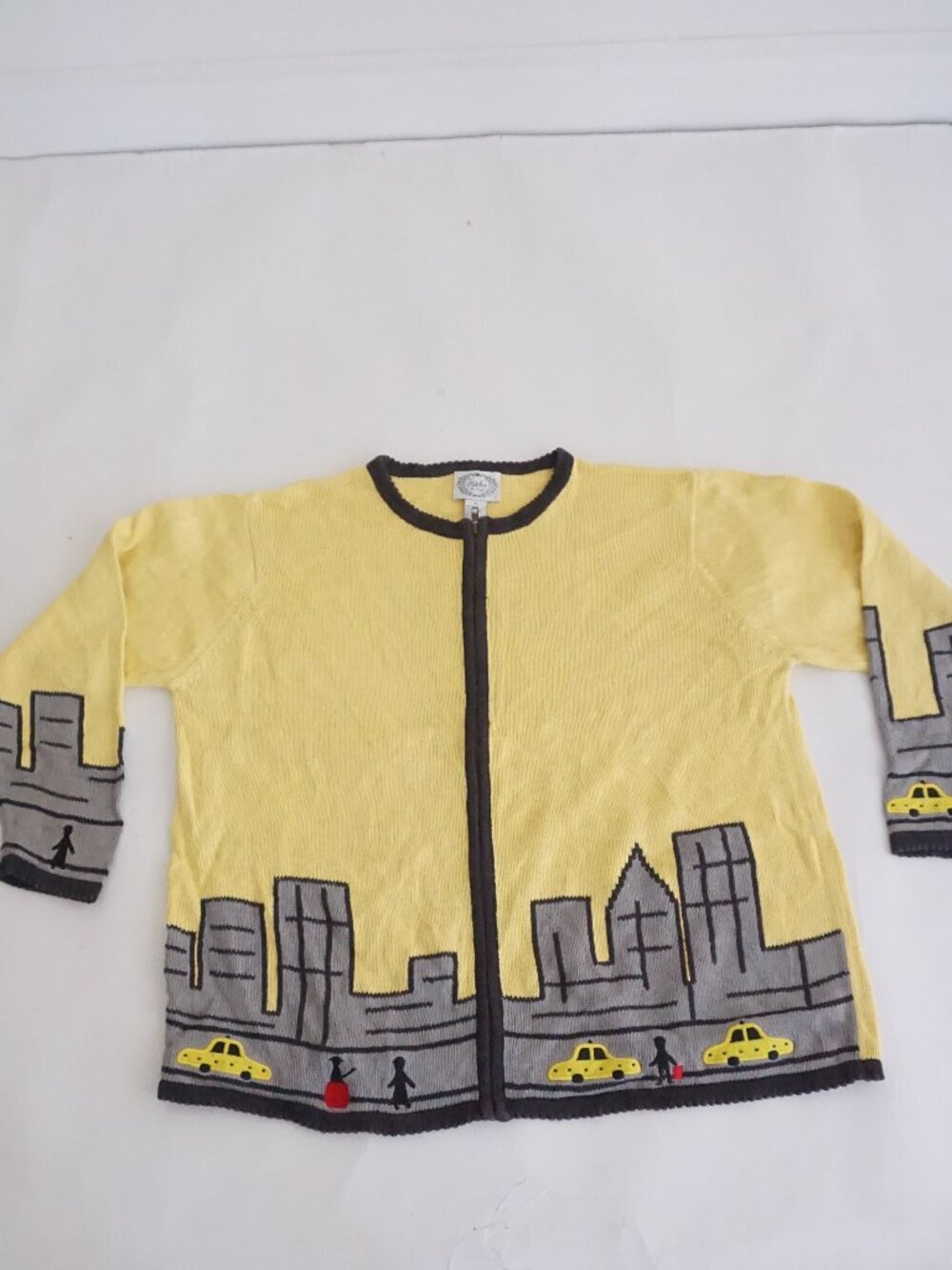 Vintage Stitches In Time Yellow City Skyline Taxi Zip Street Scene Cardigan 1X